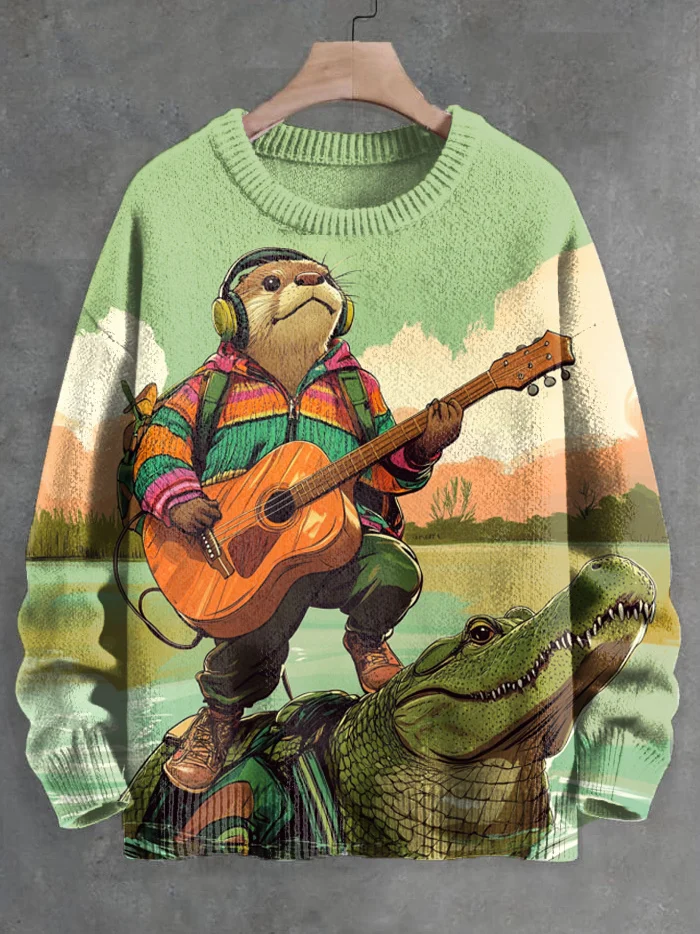 Men's Otter Playing Guitar Crocodile Print Knit Sweatshirt
