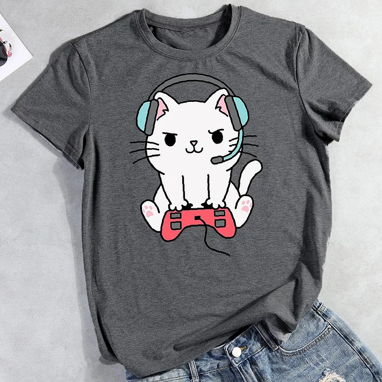 Gamer Cat Round Neck T-shirt