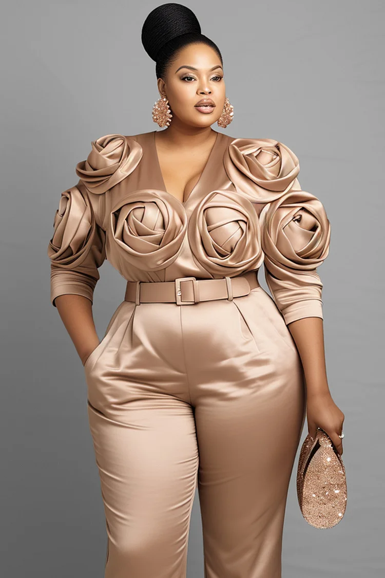 Xpluswear Design Plus Size Formal Champagne V Neck 3/4 Sleeve 3D Pocket Satin Jumpsuits [Pre-Order]