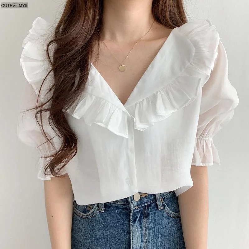 New Summer Ruffled Lapel Chiffon Shirt Women Blouses Korean Style Elegant Sweet Puff Sleeve Tops Female Blusas Chic