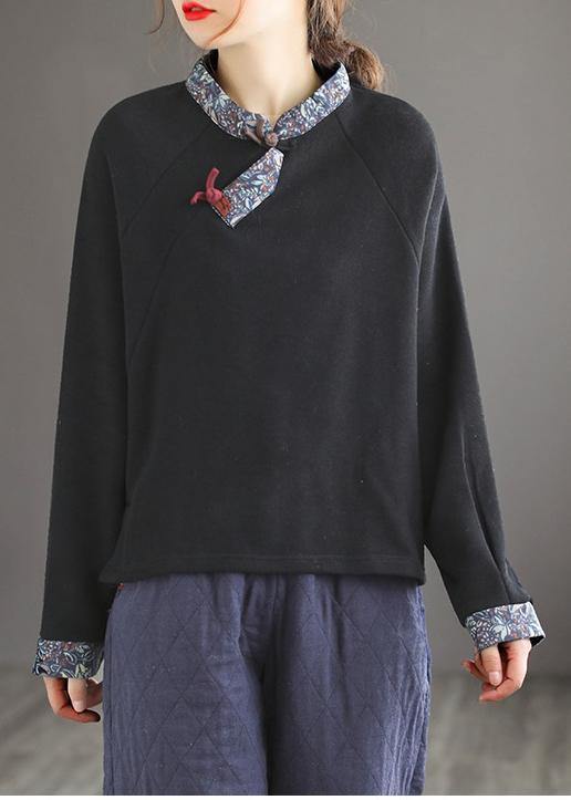 VCSHOES Black Top Stand Collar Patchwork Daily Spring Shirt