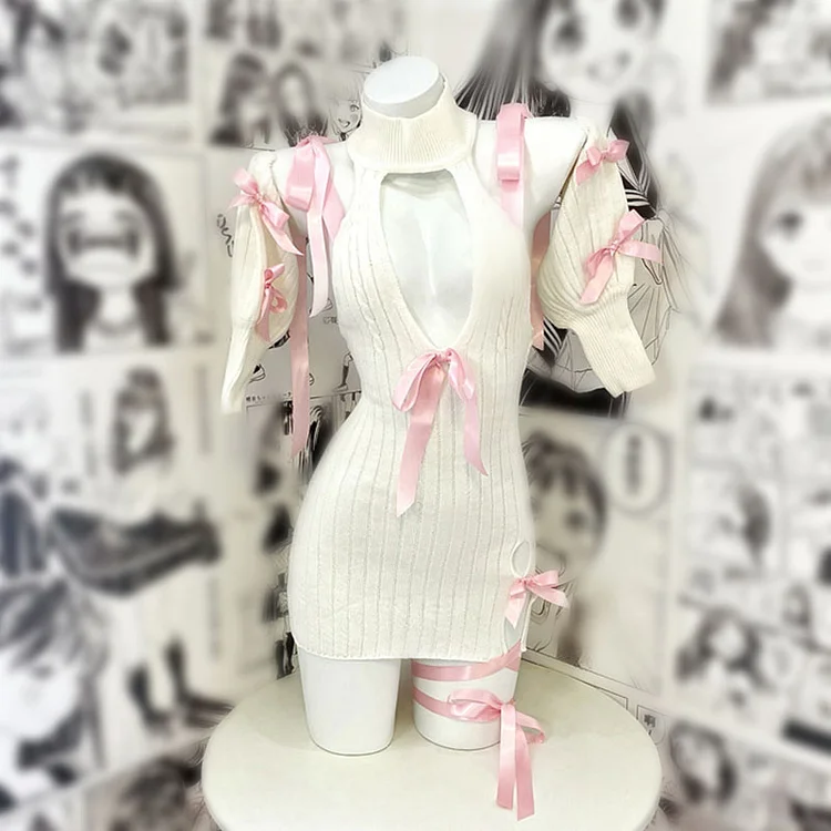 Knit Lace Up Hollow Out Halter Lingerie Dress - Modakawa Modakawa