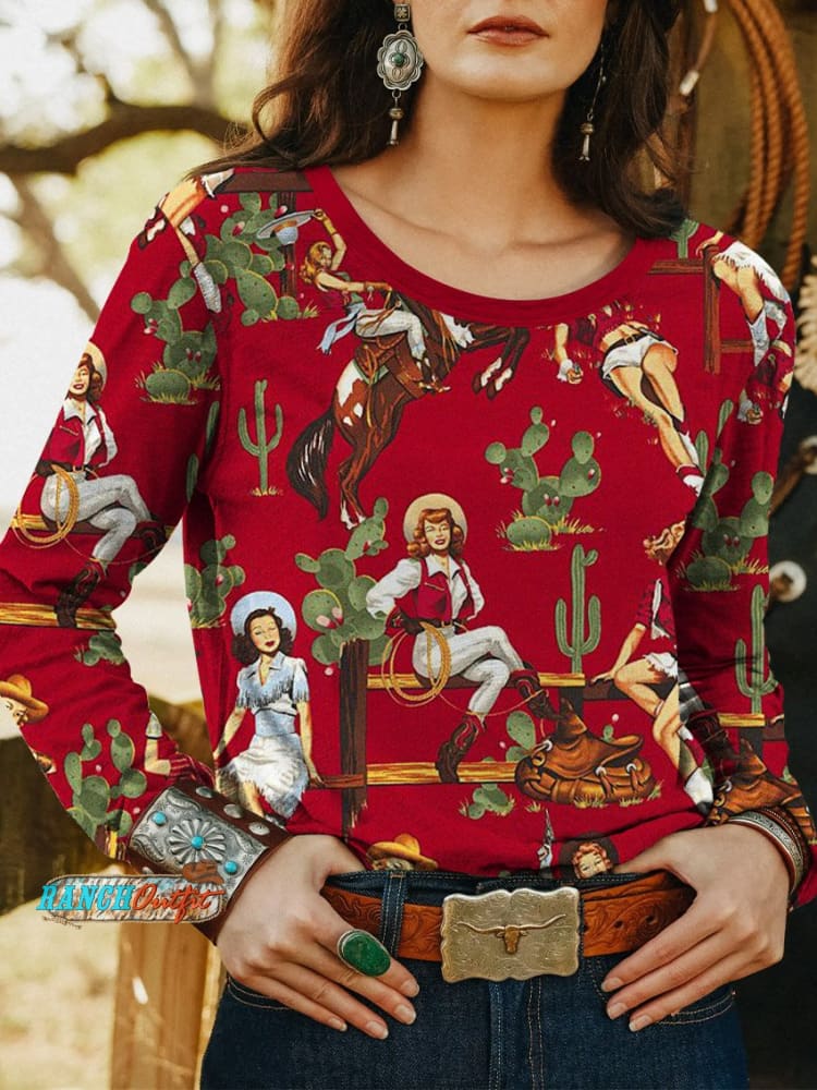Women’s Vintage Western Cowgirl Art Print Casual T Shirt Red / S