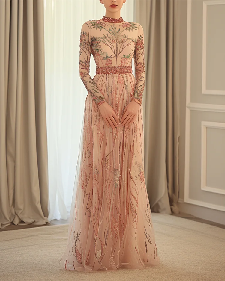 Women's Round Neck Mesh Embroidery Sequined Dress 