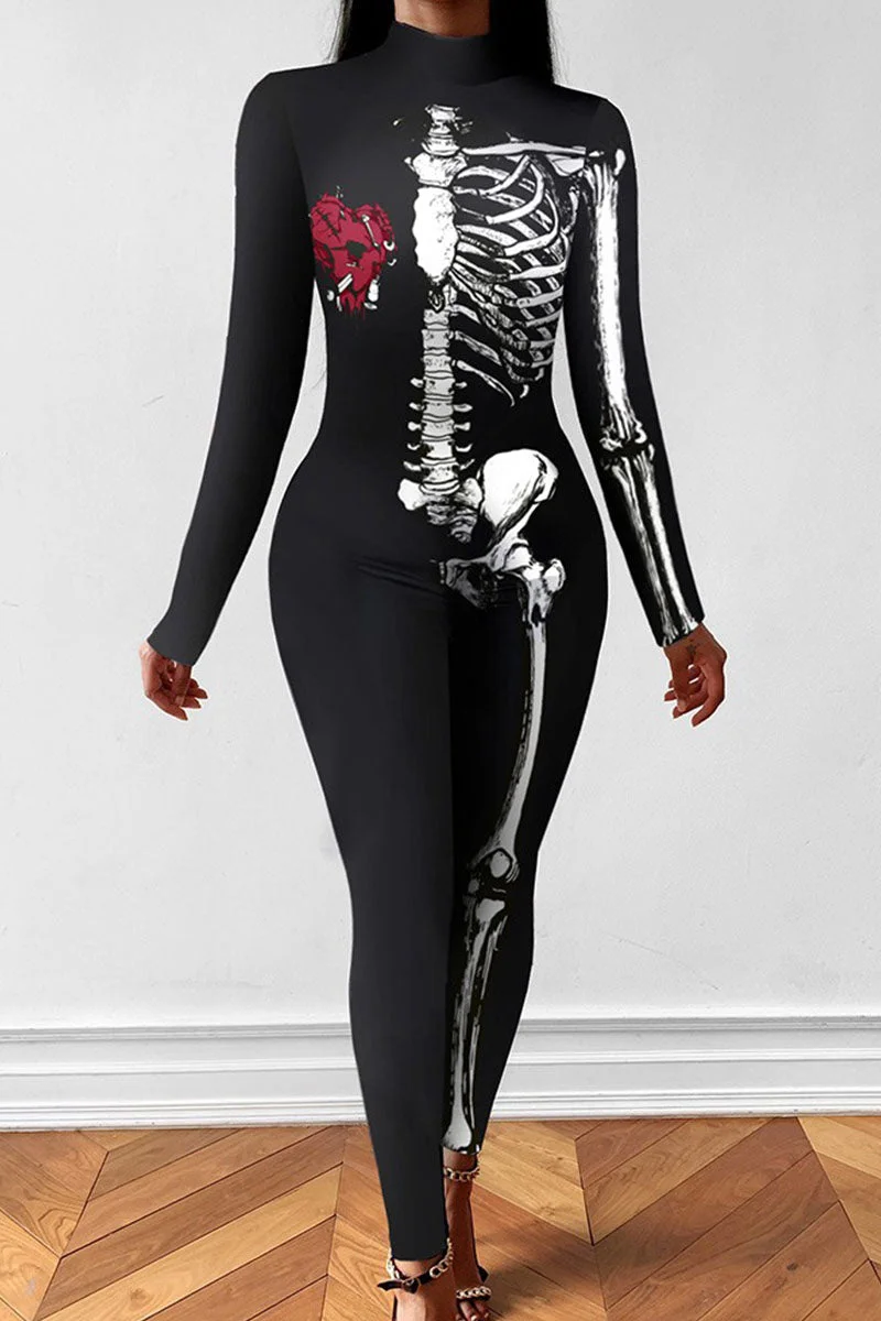 Punk Print Split Joint Half A Turtleneck Skinny Jumpsuits