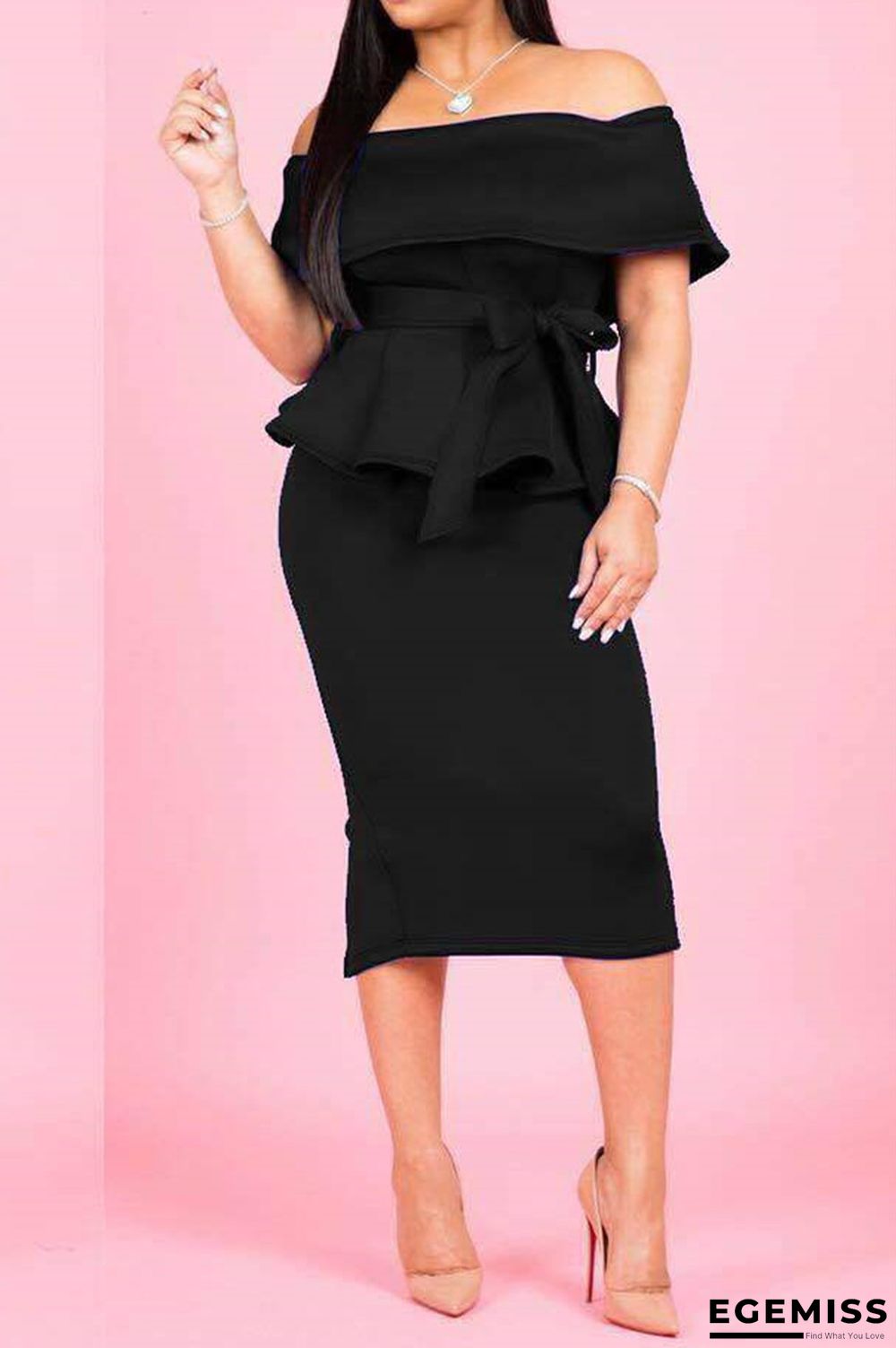 Black Casual Fashion Off The Shoulder Sleeveless One word collar Asymmetrical Mid-Calf asymmetri | EGEMISS