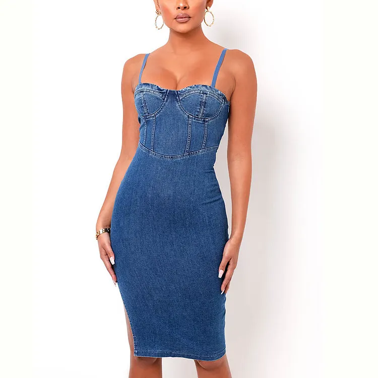 Women Summer Dresses Midi Dress  Spring Sexy Women's Fashion Suspender Denim Dress