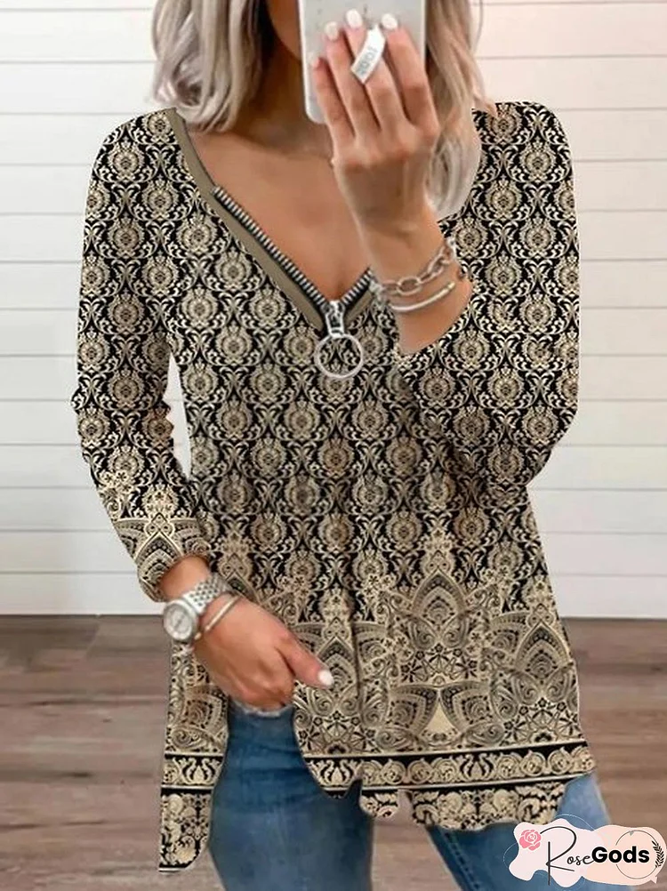 Women Casual Ethnic Autumn V Neck Jersey Regular H-Line Regular Medium Elasticity Tops