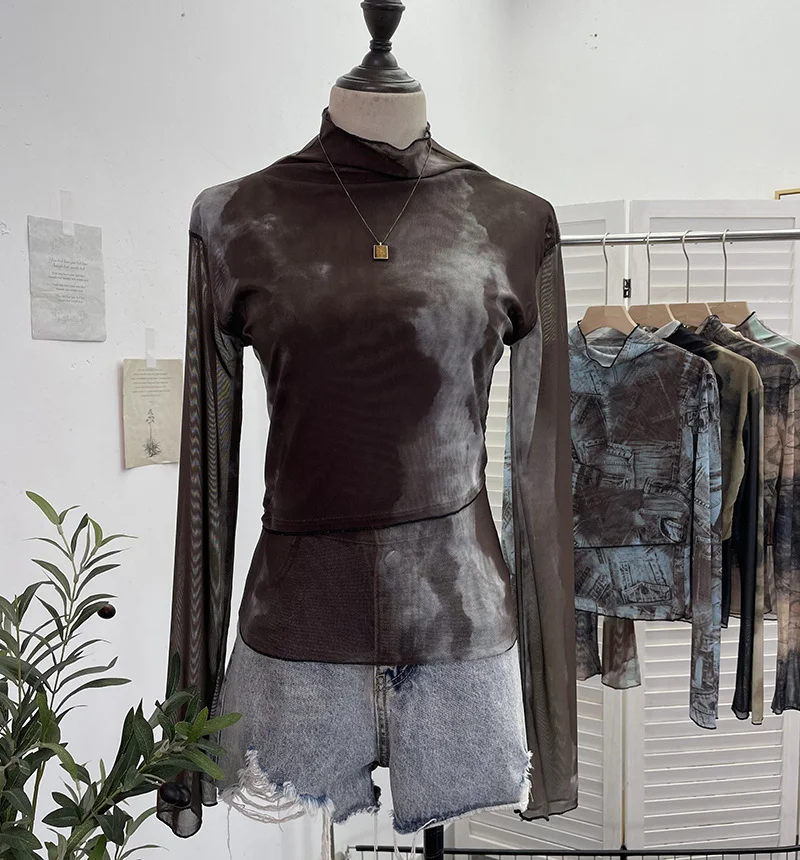 Nigikala Nigikala Shooting Denim Pattern Dye Printing Retro Babes Thin Mesh T-Shirt High-Necked Long Sleeve Bottom Shirt Top 9950