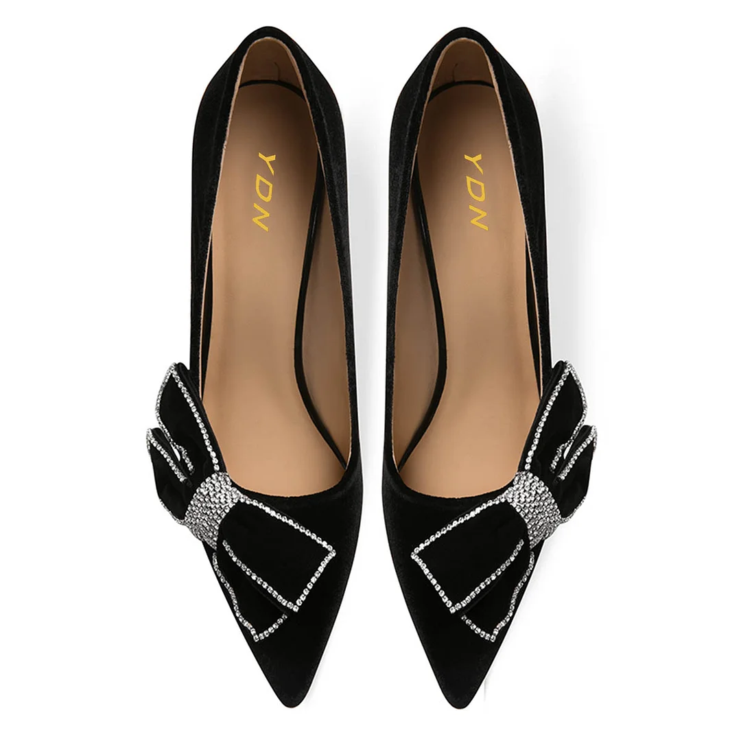 Black Vegan Suede Pumps Shoes Pointed Toe Rhinestone Bow Heels