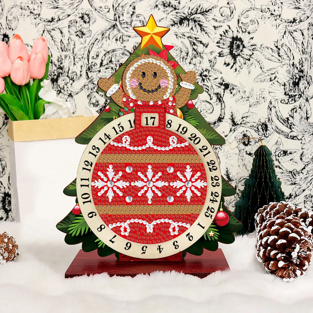 Gingerbread Man DIY Christmas Countdown Diamond Painting Tabletop Ornaments Kit 25 Days Crystal Art Craft Decoration Wooden for Living Room Home Office Decoration