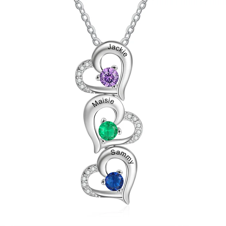 Personalized Heart Birthstone Necklace Custom 3 Names for Family