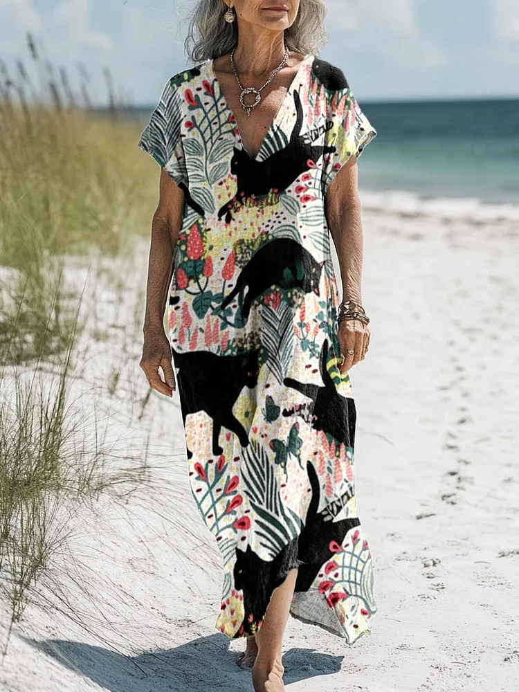 Women's Vintage Floral Cat Art Print Pocket Cotton Dress