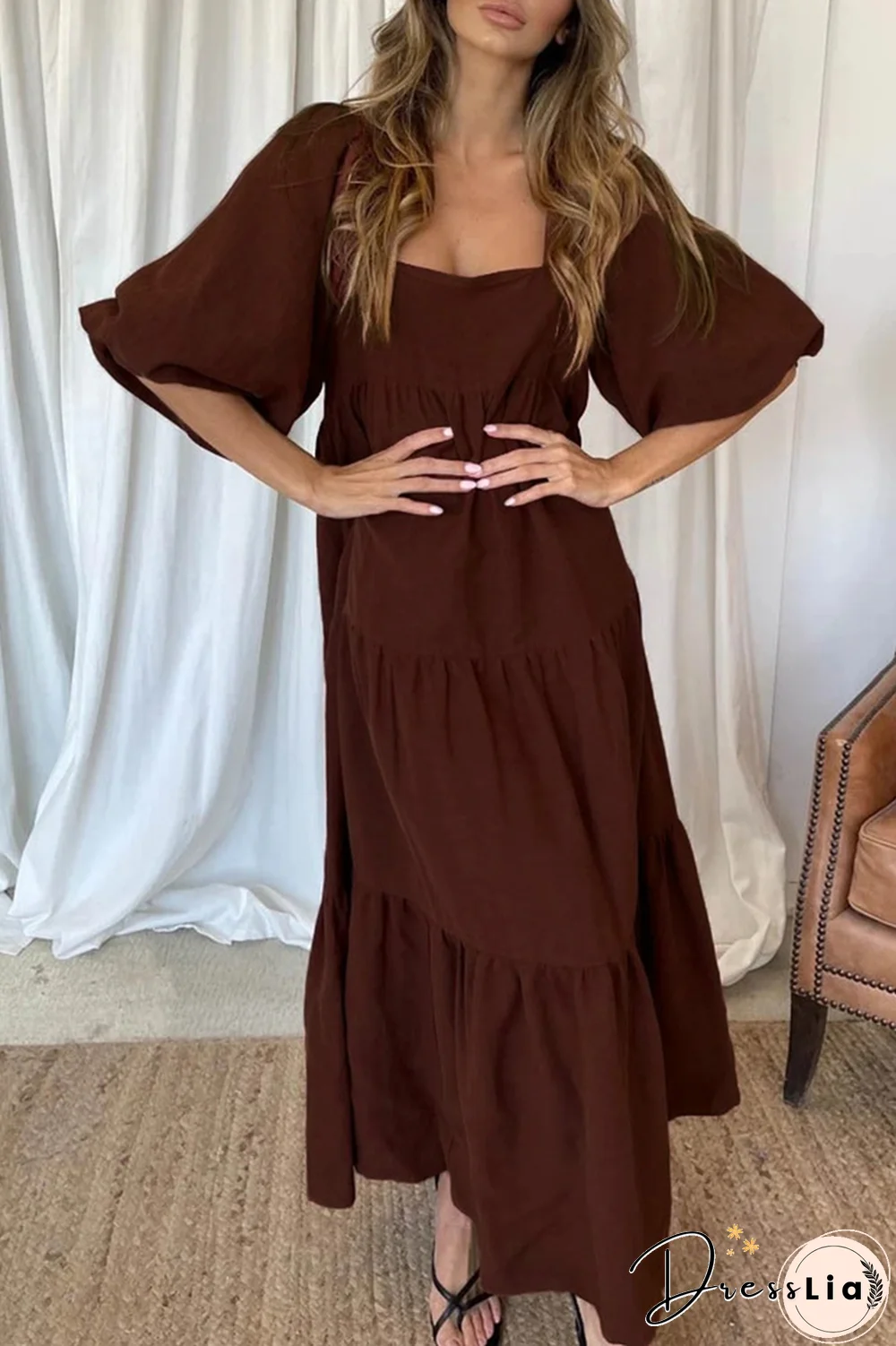 Elegant Solid Split Joint Flounce Square Collar A Line Dresses(3 Colors)