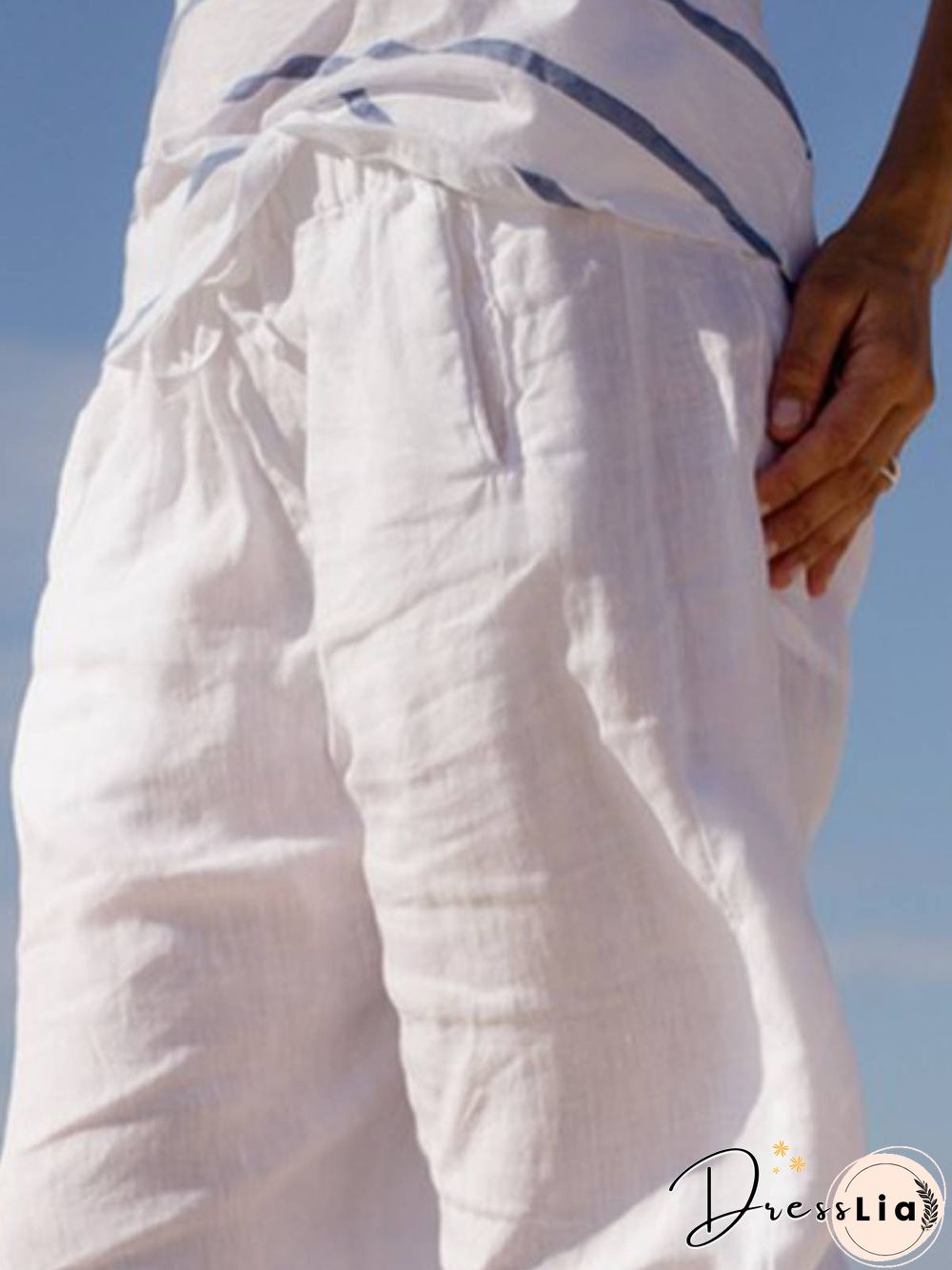White Plain Cotton-Blend Casual Pants