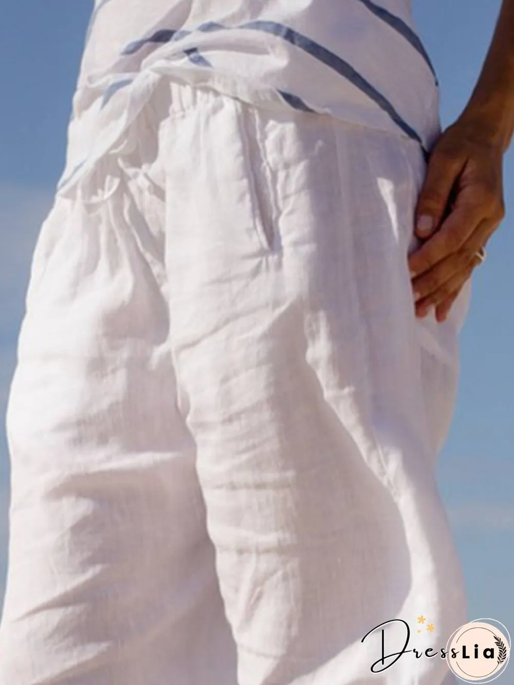 White Plain Cotton-Blend Casual Pants
