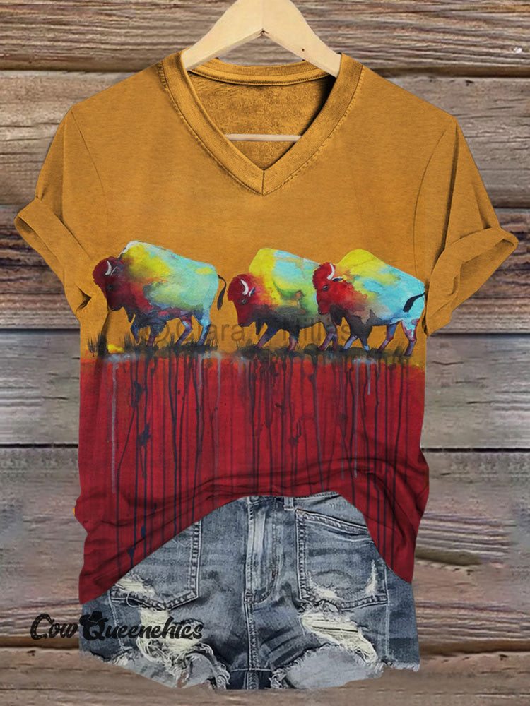 Bull Art Print V-neck Casual T-Shirt Multicolor / S