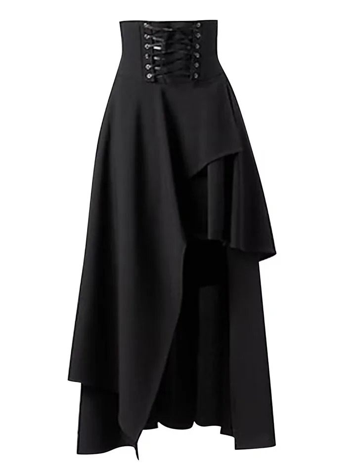 Women's Temperament Commuter Solid Color Irregular High Waist Multi Layers Hem Tie Zipper Halter Long Skirt-Mixcun