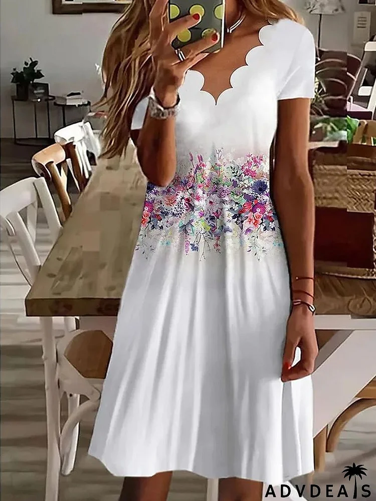 Women's Casual Dress Shift Dress Midi Dress White Navy Blue Blue Short Sleeve Floral Print Spring Summer V Neck Vacation 2024 S M L XL XXL 3XL