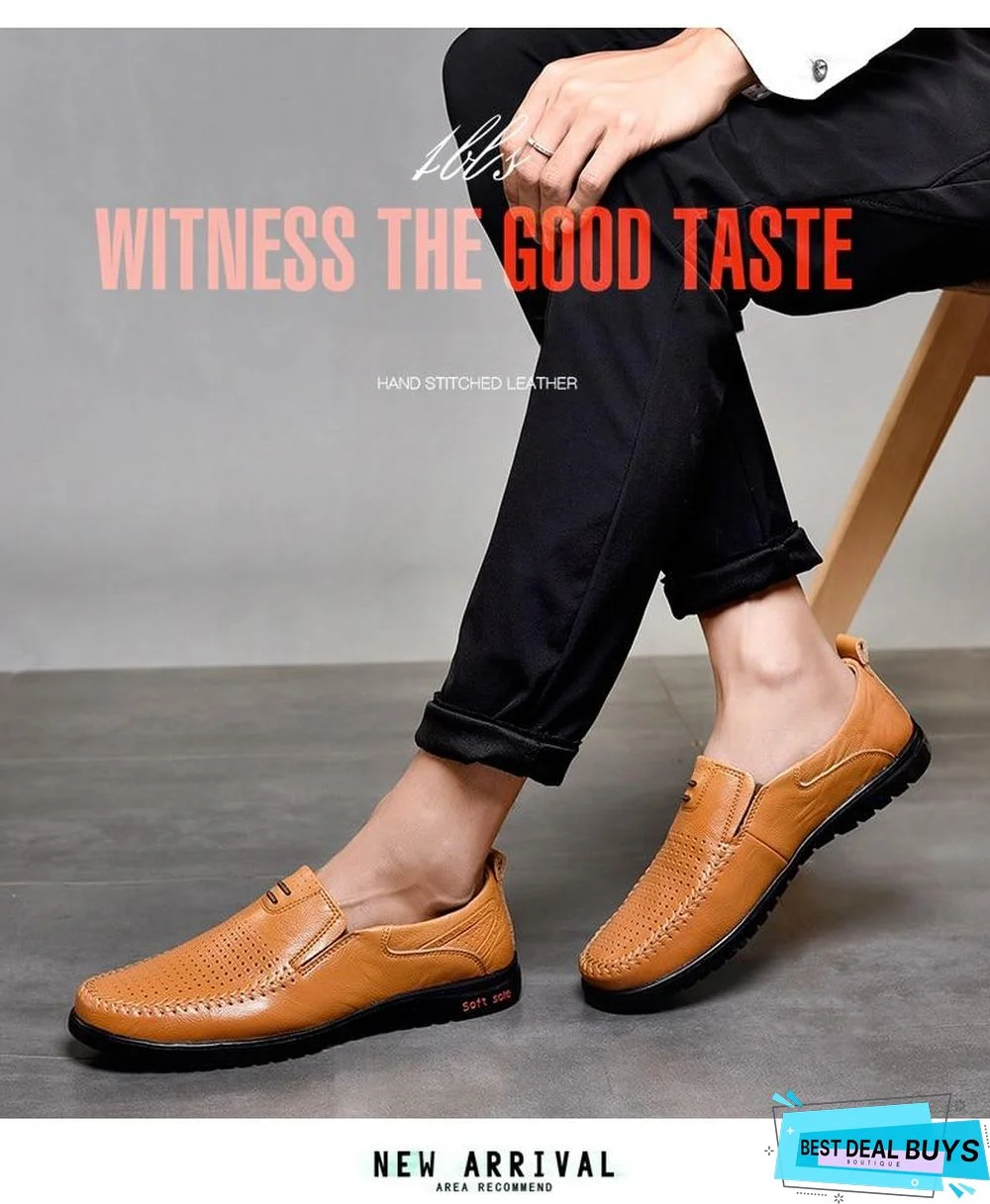 New Openwork Men Black Loafer Perforated Shoes Leather Flats Driving Shoes Business Men's Shoes