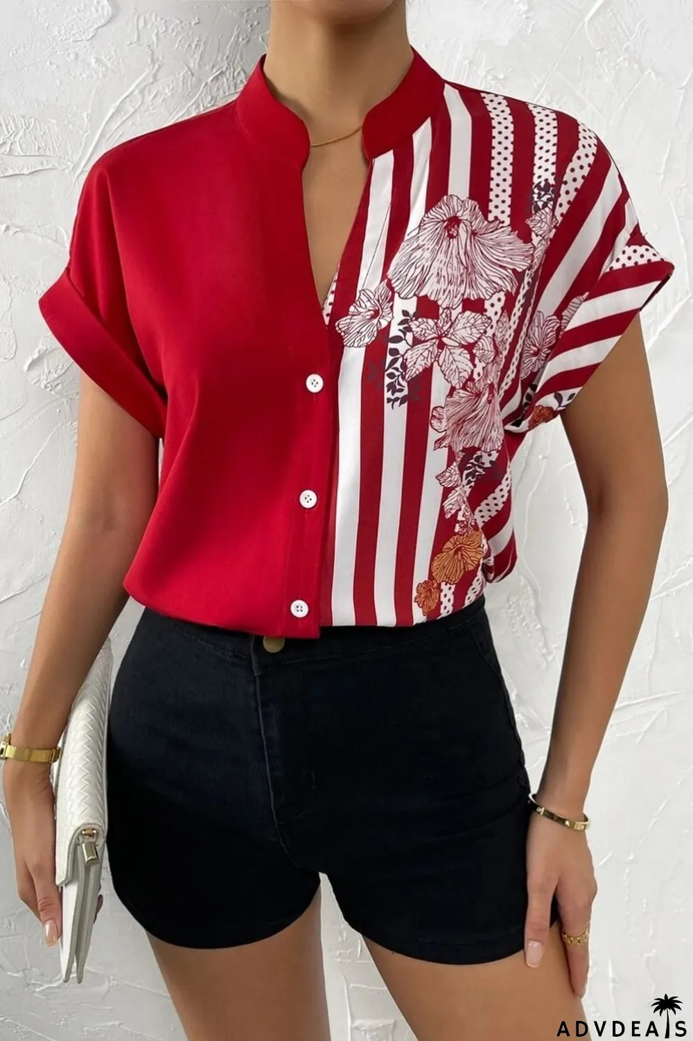 Green Casual Print Patchwork V Neck Tops