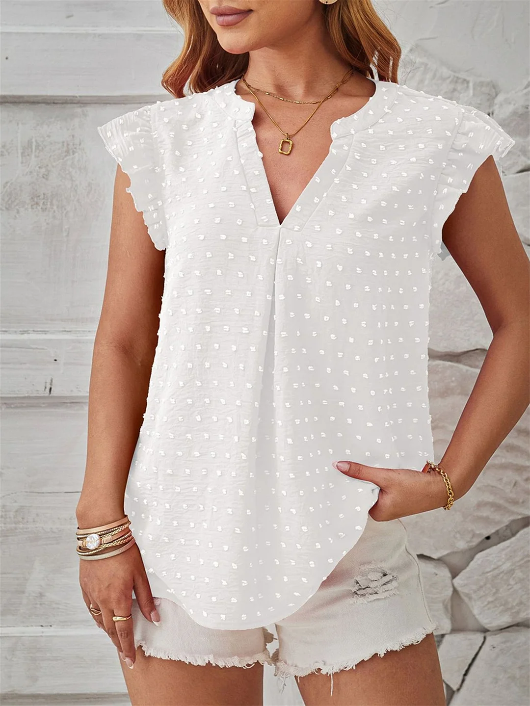 Women Short Sleeve V-neck Solid Color Tops