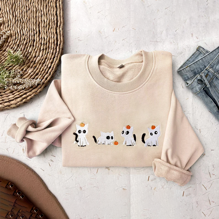 Embroidery Ghost Cats Pumpkin Halloween Printed Women's Sweatshirt