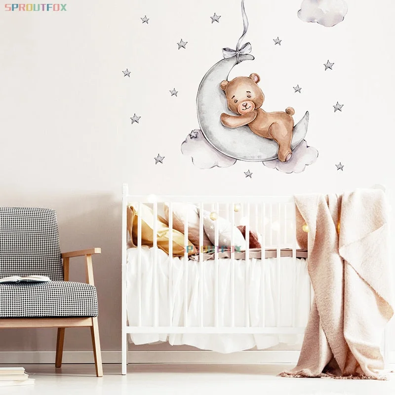 Brown Bear Sleeping on the Moon Wall Stickers for Kids Room Baby Nursery Home Decorative Cartoon Animal Wall Vinyl Decals