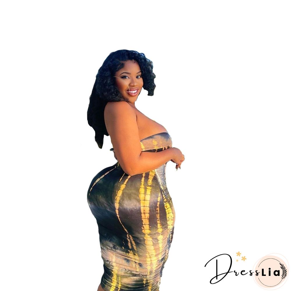 Summer Tie Dye Plus Size Fashion Clubwear Strapless Crop Top Maxi Skirts Women Sexy Two Piece Set