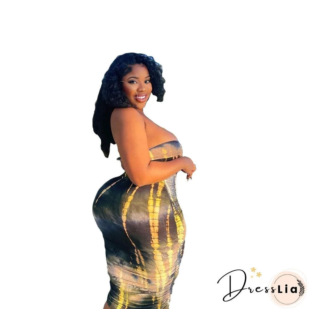 Summer Tie Dye Plus Size Fashion Clubwear Strapless Crop Top Maxi Skirts Women Sexy Two Piece Set