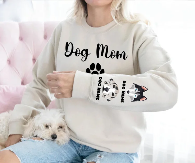 Custom Dog Mama Sweatshirt with Pet on Sleeve, Personalized Dog Mom Sweatshirt Hoodie