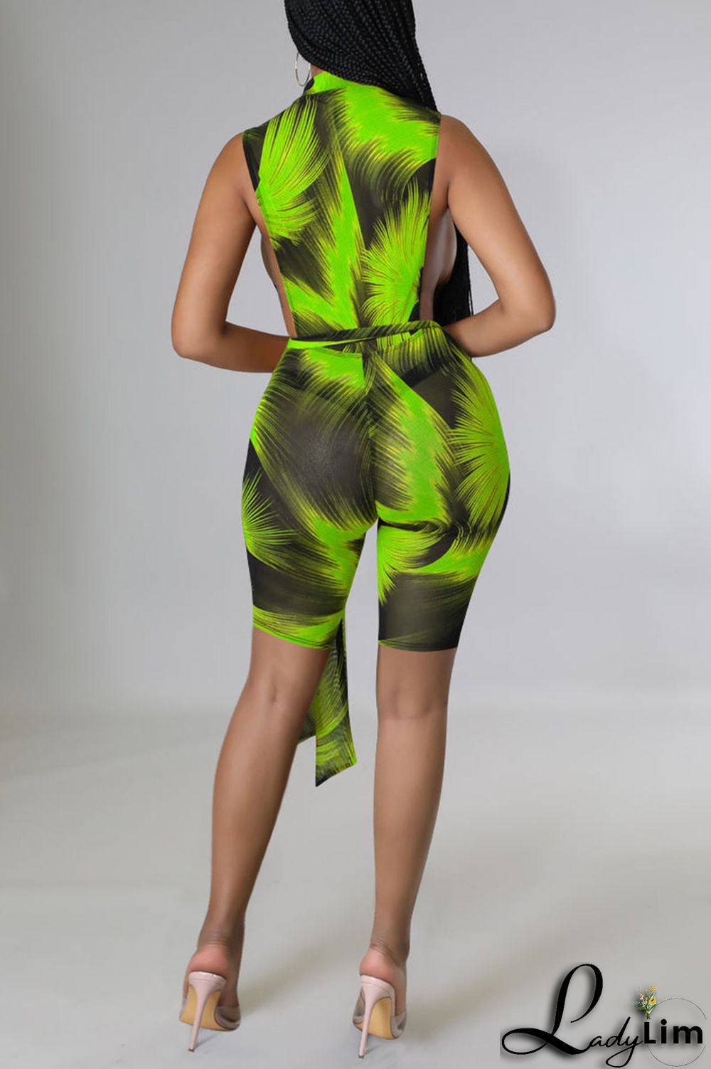 Green Sexy Print Patchwork Zipper Collar Skinny Jumpsuits