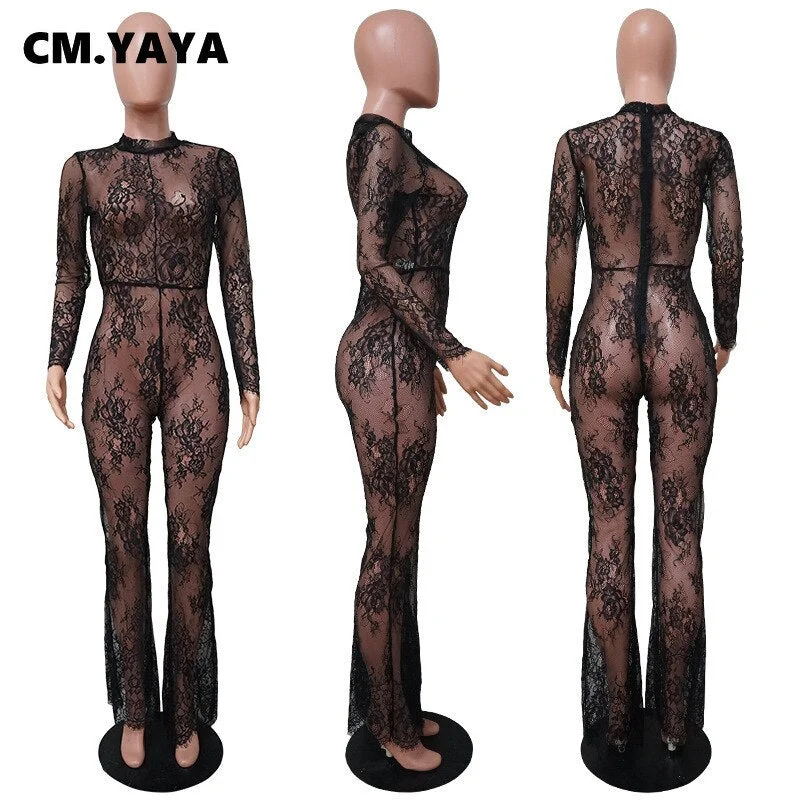 CM.YAYA Sexy O-neck Knitted Women Bodysuit Black Lace See-through Tight Slim Party Nightclub Bodysuits Women Jumpsuit