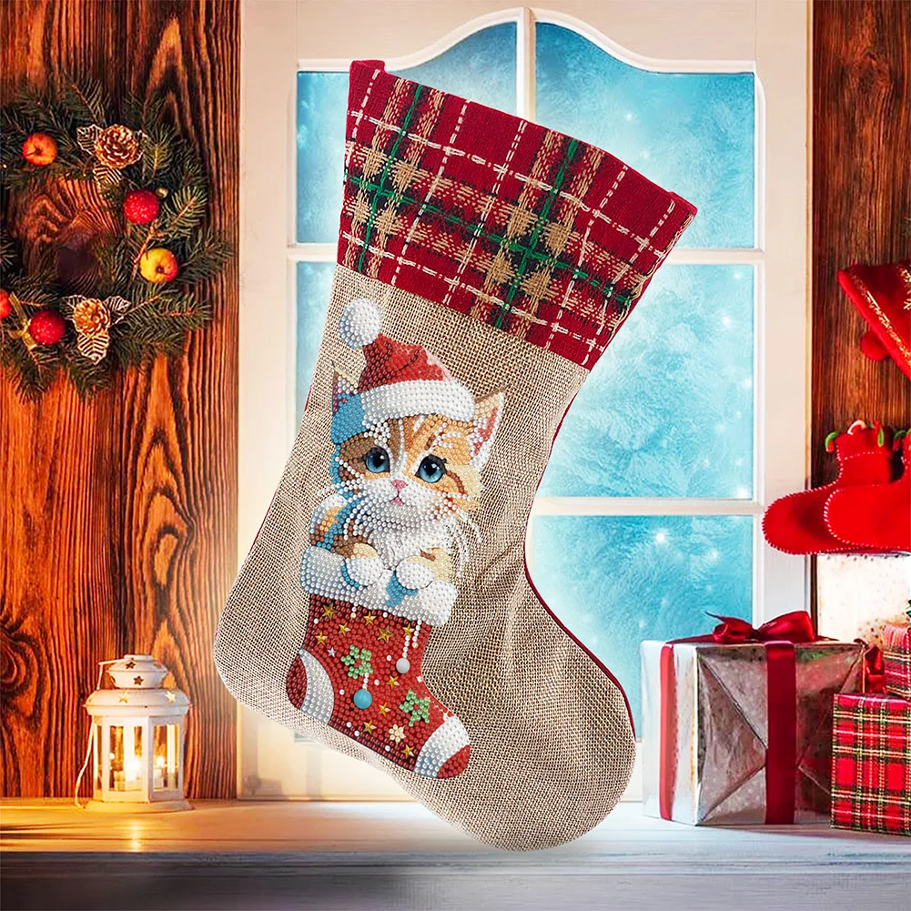 New DIY Linen Diamond Painting Christmas Socks 5D Rhinestone Xmas Socks for Kid Gift(20*35cm)