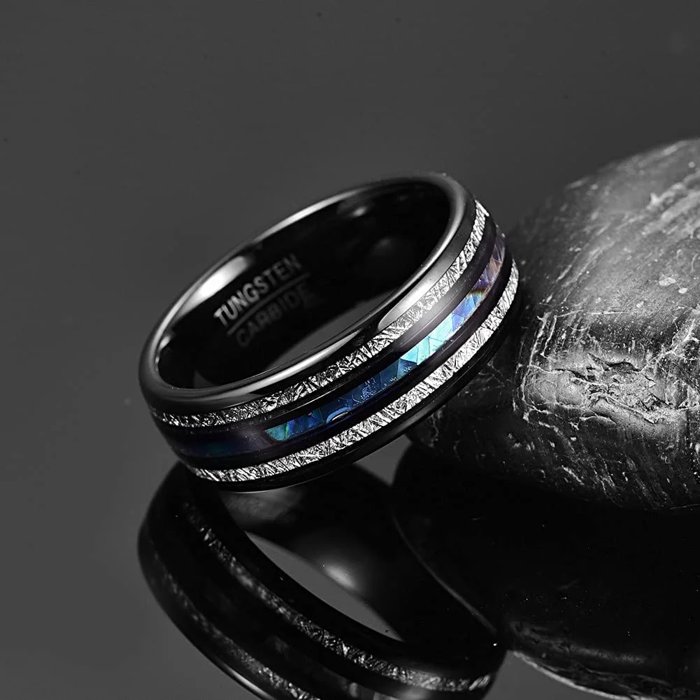 6MM 8MM Black Tungsten Dome Rings with Abalone Shell Imitated Meteorite Inlay Wedding For Men Women