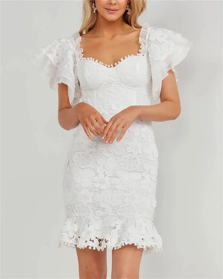 Women's White Trumpet Sleeve Lace Dress