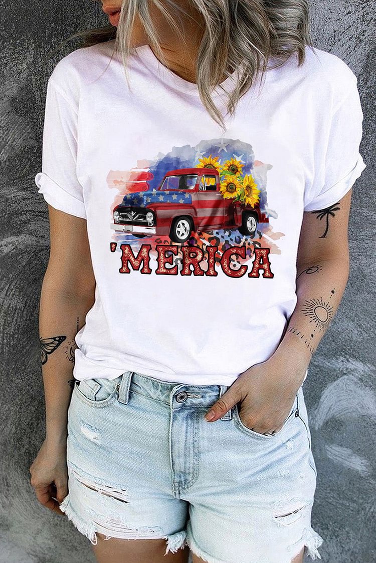 AMERICA Flag Car Sunflower Print Independence Day Crewneck Graphic Tee