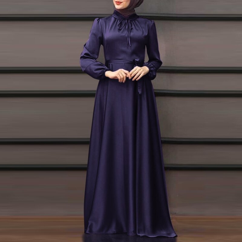 ZANZEA Elegant Spring Long Sleeve Solid Maxi Long Satin Dress Women Sundress Dubai Abaya Hijab Muslim Dress Robe Lace Up Vestido