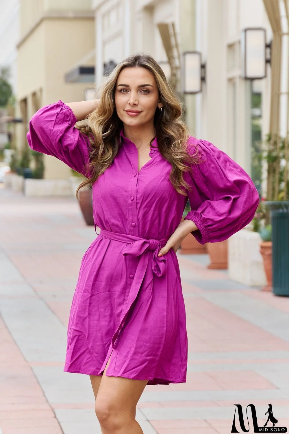 MidiSono - Jade By Jane Hello Darling Full Size Half Sleeve Belted Mini Dress in Magenta