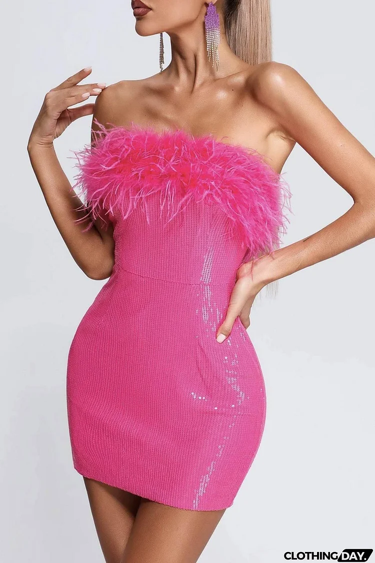 Fuzzy Strapless Sequins Pack Hip Dress