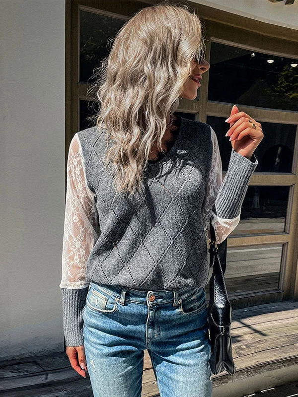 Women Long Sleeve V-neck Lace Stitching Women Sweaters