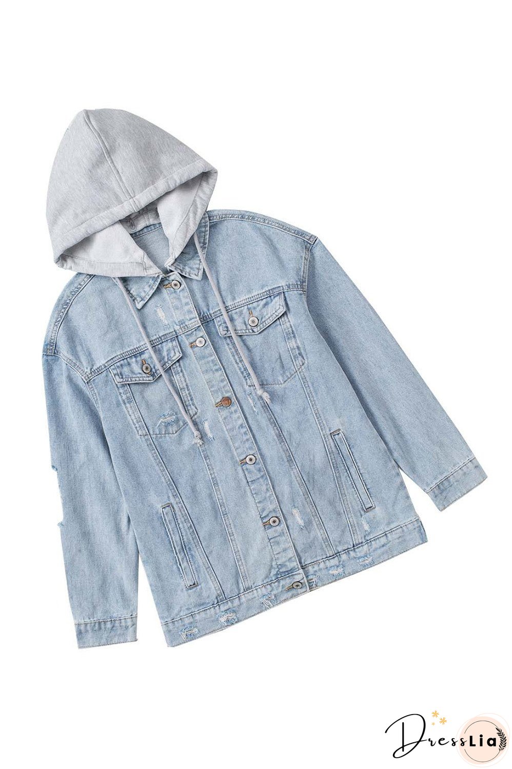Button Closure Ripped Hooded Denim Jacket