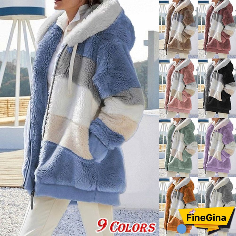 New Winter Women's Jacket Hooded Warm Plush Loose Jacket for Women Patchwork Winter Outerwear Faux Fur Zipper Ladies Parka Coat Plus Size