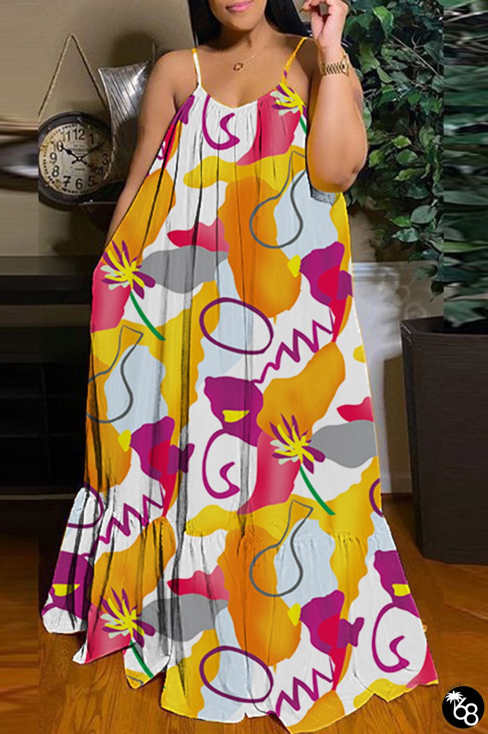 Orange Yellow Sexy Casual Print Backless Spaghetti Strap Long Dress Dresses | 168DEAL
