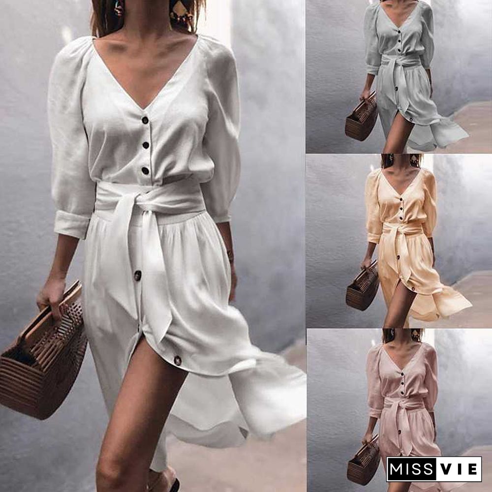 Casual Front Tie Mid Sleeve Button Front Shirt Dress