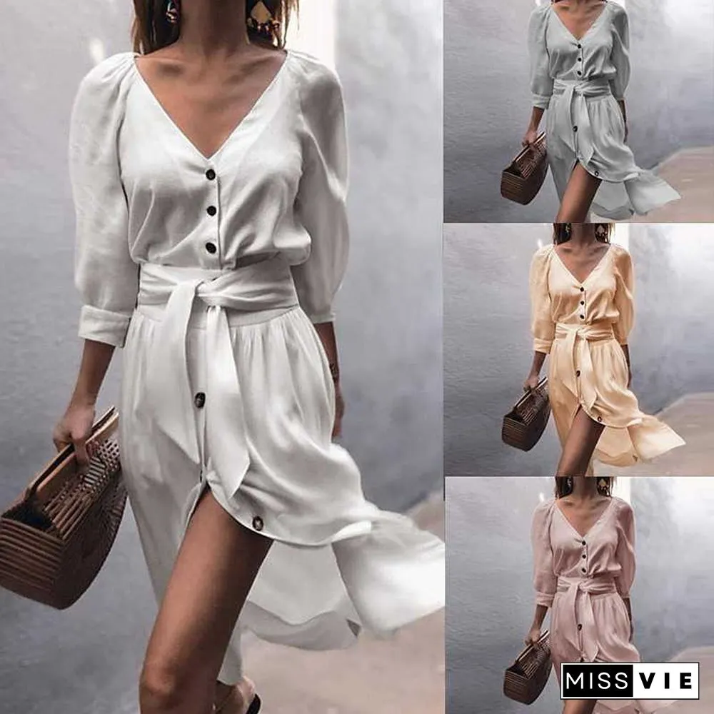 Casual Front Tie Mid Sleeve Button Front Shirt Dress