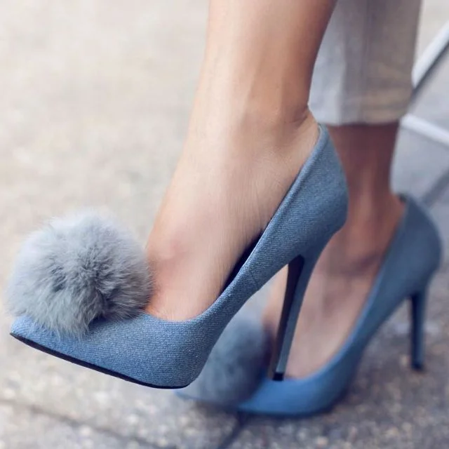 Blue Jean Heels Pointy Toe Pom Pom Stiletto Heel Denim Pumps |FSJ Shoes