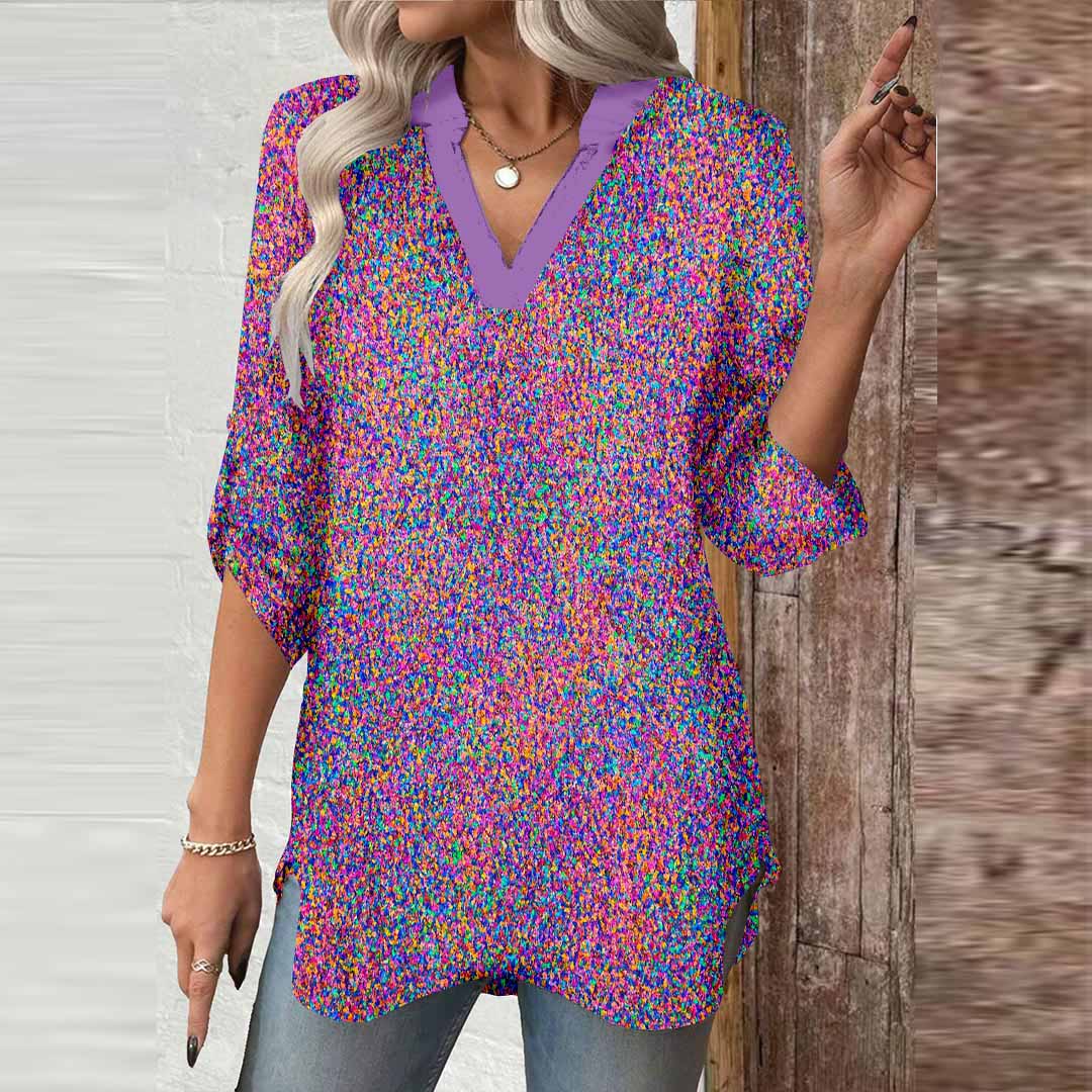 Women Red,Polka-Dot DZGA0326 3/4 Sleeve V-neck Printed Graphic Button Tops