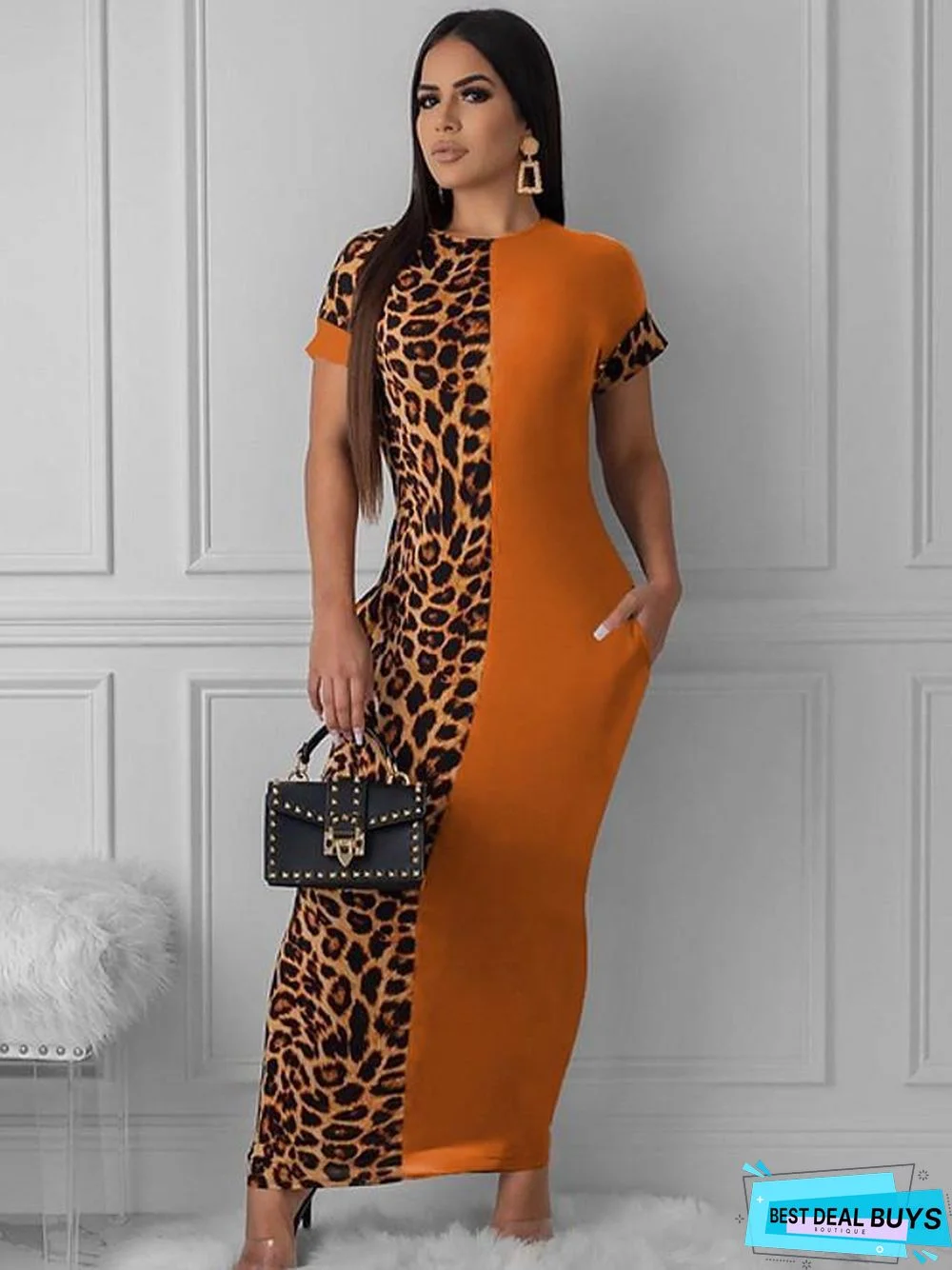 Women's Sheath Dress Maxi Long Dress Short Sleeve Leopard Black Orange Black Dresses