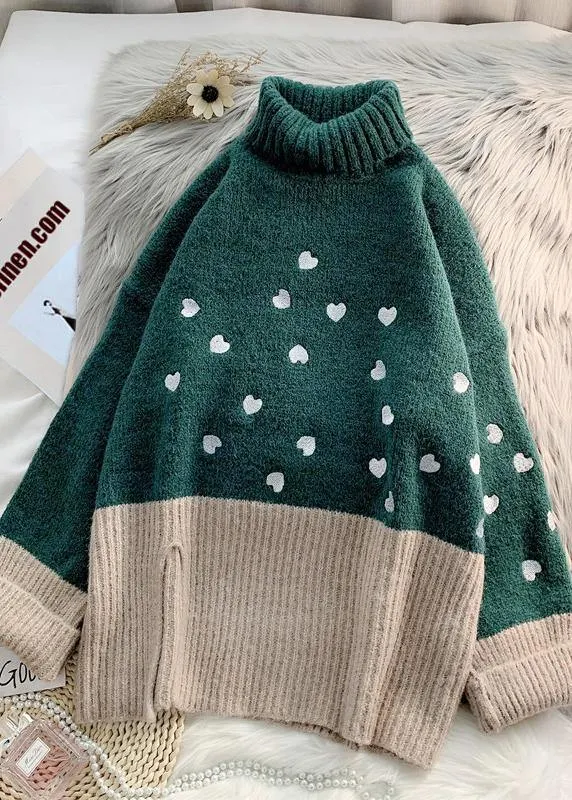 Cozy green Heart print knitted t shirt high neck patchwork oversize knitwear